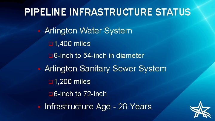 PIPELINE INFRASTRUCTURE STATUS § § § Arlington Water System q 1, 400 miles q