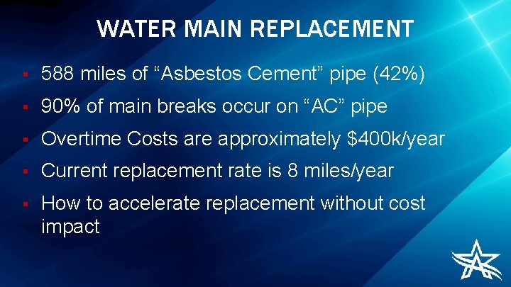 WATER MAIN REPLACEMENT § 588 miles of “Asbestos Cement” pipe (42%) § 90% of