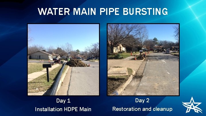 WATER MAIN PIPE BURSTING Day 1 Installation HDPE Main Day 2 Restoration and cleanup