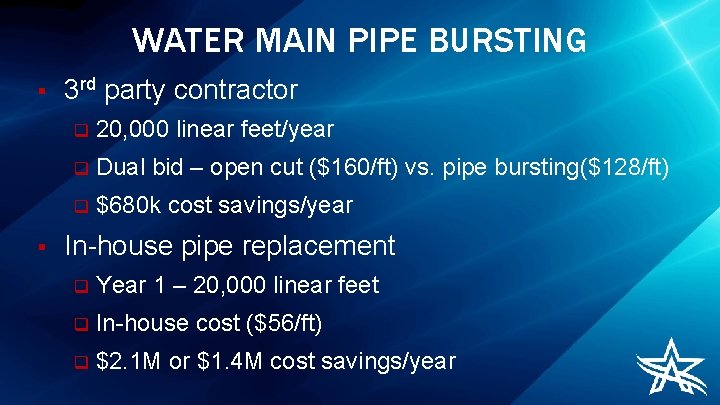 WATER MAIN PIPE BURSTING § § 3 rd party contractor q 20, 000 linear