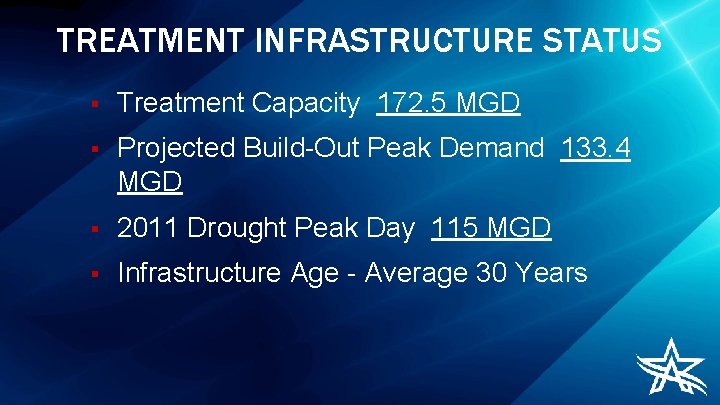 TREATMENT INFRASTRUCTURE STATUS § Treatment Capacity 172. 5 MGD § Projected Build-Out Peak Demand