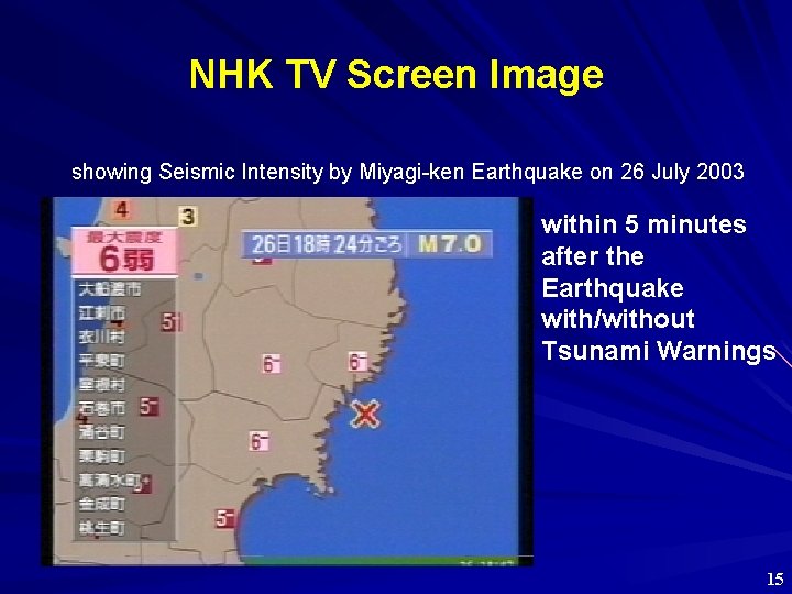 NHK TV Screen Image showing Seismic Intensity by Miyagi-ken Earthquake on 26 July 2003