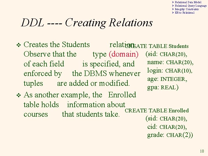 Ø Relational Data Model Ø Relational Query Language Ø Integrity Constraints Ø ER to Ø Relational Data Model Ø Relational Query Language Ø Integrity Constraints Ø ER to