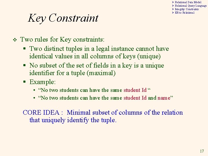 Key Constraint v Ø Relational Data Model Ø Relational Query Language Ø Integrity Constraints Key Constraint v Ø Relational Data Model Ø Relational Query Language Ø Integrity Constraints