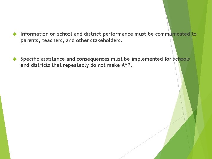  Information on school and district performance must be communicated to parents, teachers, and