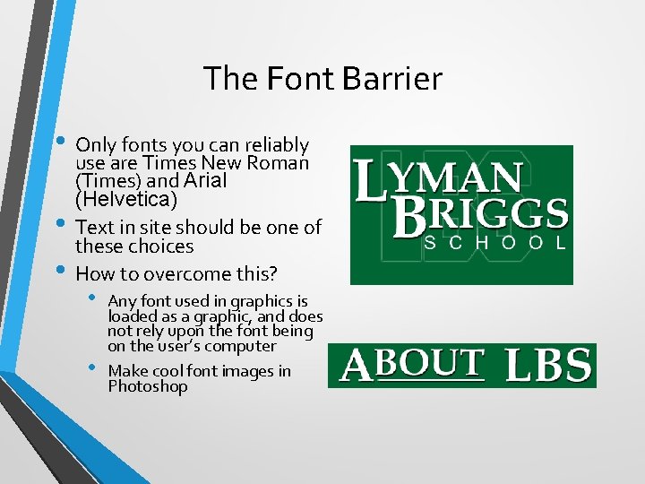 The Font Barrier • Only fonts you can reliably • • use are Times