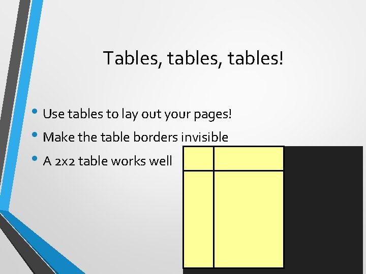 Tables, tables! • Use tables to lay out your pages! • Make the table
