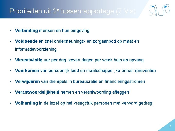 Prioriteiten uit 2 e tussenrapportage (7 V’s) • Verbinding mensen en hun omgeving •