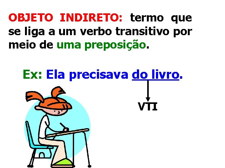 OBJETO INDIRETO: termo que se liga a um verbo transitivo por meio de uma OBJETO INDIRETO: termo que se liga a um verbo transitivo por meio de uma