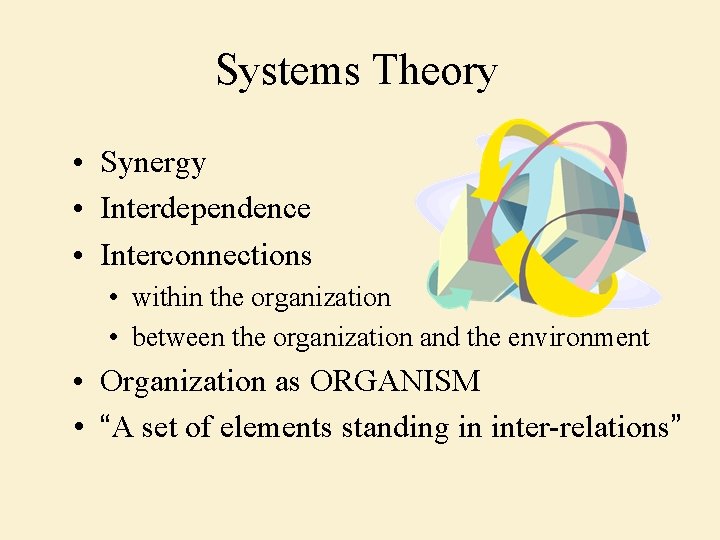 Systems Theory • Synergy • Interdependence • Interconnections • within the organization • between