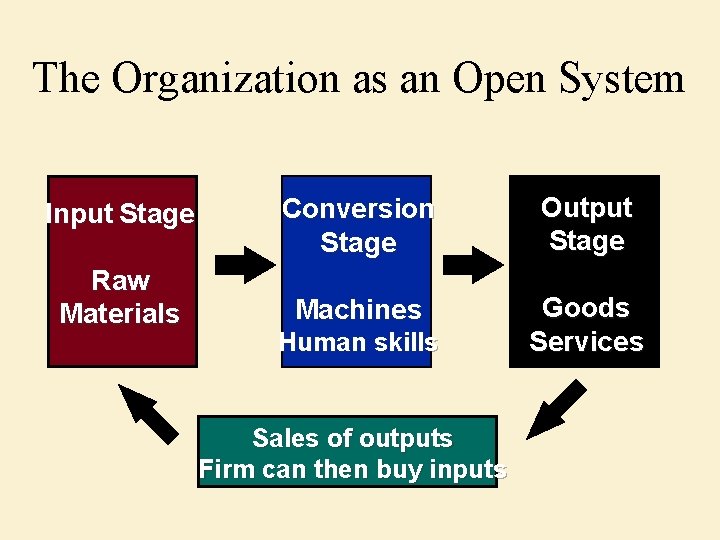The Organization as an Open System Input Stage Conversion Stage Output Stage Raw Materials
