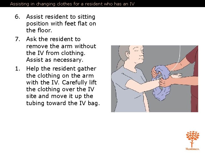 Assisting in changing clothes for a resident who has an IV 6. Assist resident