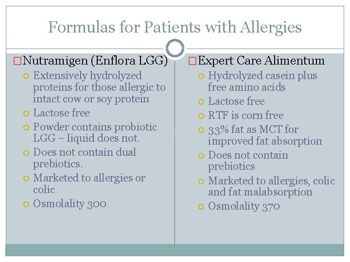 Formulas for Patients with Allergies �Nutramigen (Enflora LGG) Extensively hydrolyzed proteins for those allergic