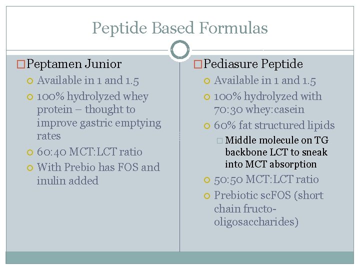 Peptide Based Formulas �Peptamen Junior Available in 1 and 1. 5 100% hydrolyzed whey