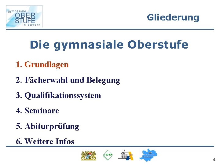 Gliederung Die gymnasiale Oberstufe 1. Grundlagen 2. Fächerwahl und Belegung 3. Qualifikationssystem 4. Seminare