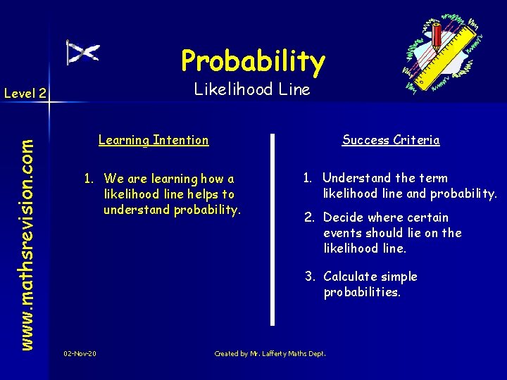 Probability Likelihood Line www. mathsrevision. com Level 2 Learning Intention Success Criteria 1. We