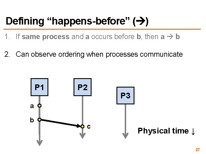Defining “happens-before” ( ) 1. If same process and a occurs before b, then Defining “happens-before” ( ) 1. If same process and a occurs before b, then