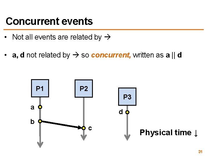 Concurrent events • Not all events are related by • a, d not related Concurrent events • Not all events are related by • a, d not related