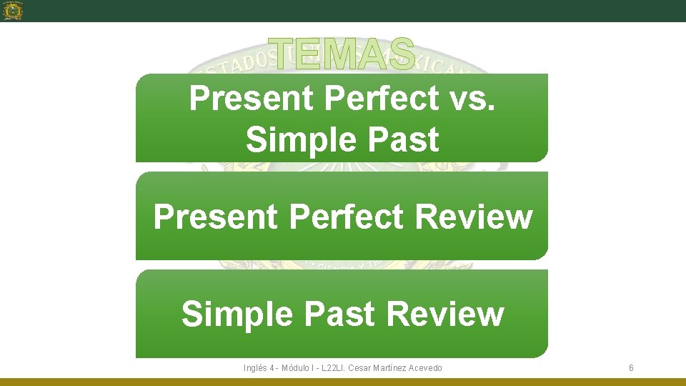 TEMAS Present Perfect vs. Simple Past Present Perfect Review Simple Past Review Inglés 4