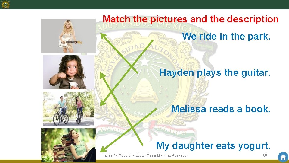 Match the pictures and the description We ride in the park. Hayden plays the