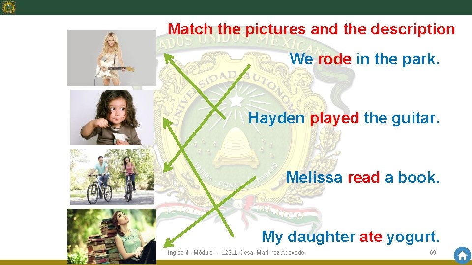 Match the pictures and the description We rode in the park. Hayden played the