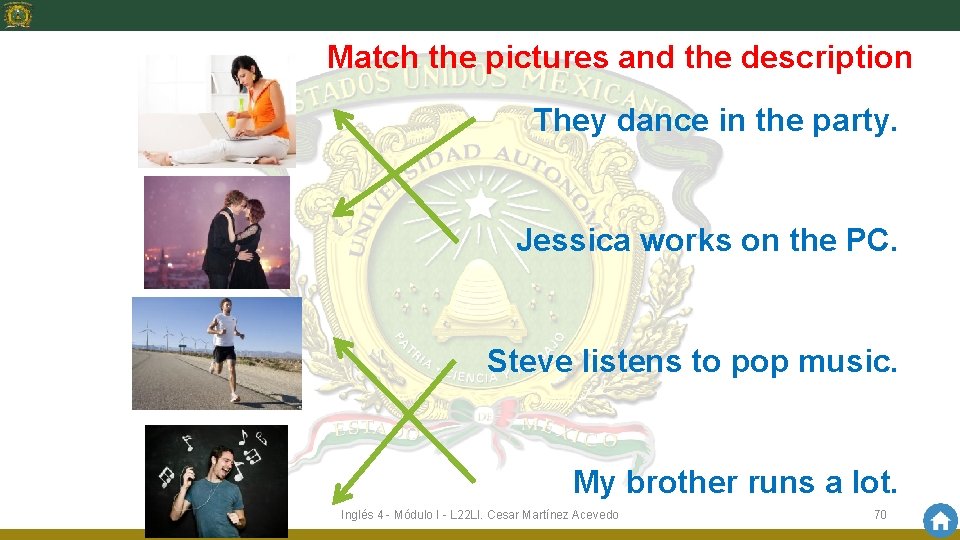 Match the pictures and the description They dance in the party. Jessica works on
