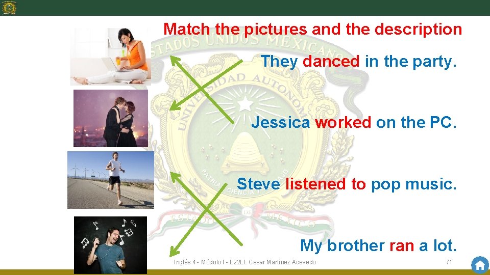 Match the pictures and the description They danced in the party. Jessica worked on