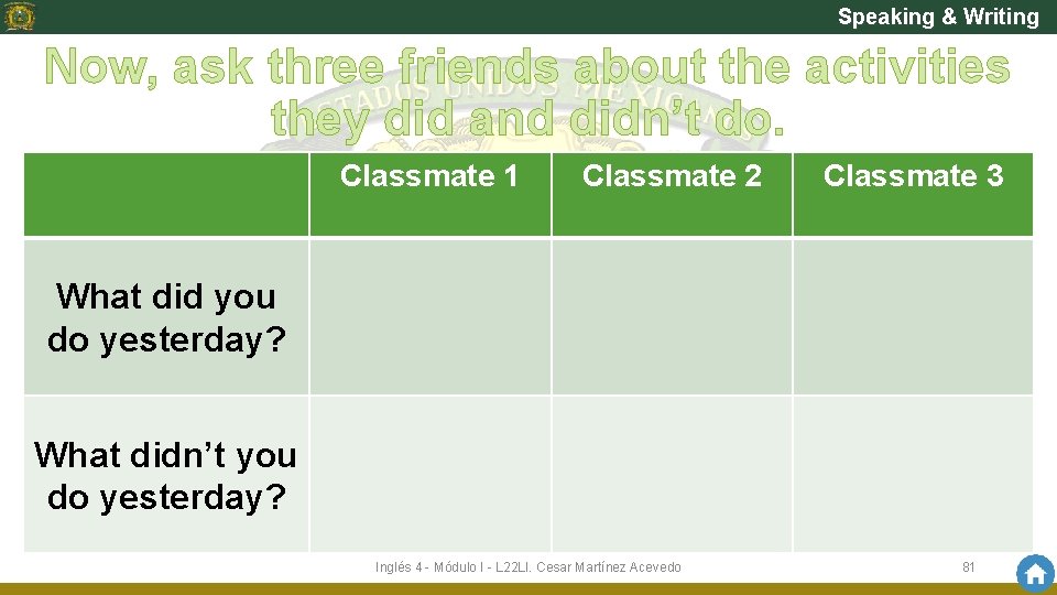 Speaking & Writing Now, ask three friends about the activities they did and didn’t
