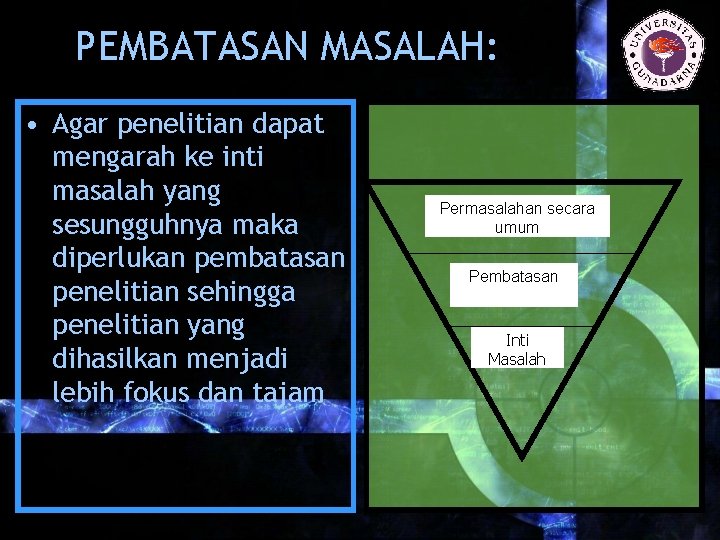 PEMBATASAN MASALAH: • Agar penelitian dapat mengarah ke inti masalah yang sesungguhnya maka diperlukan