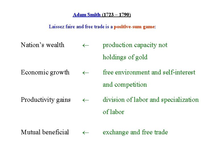 Adam Smith (1723 – 1790) Laissez faire and free trade is a positive-sum game: