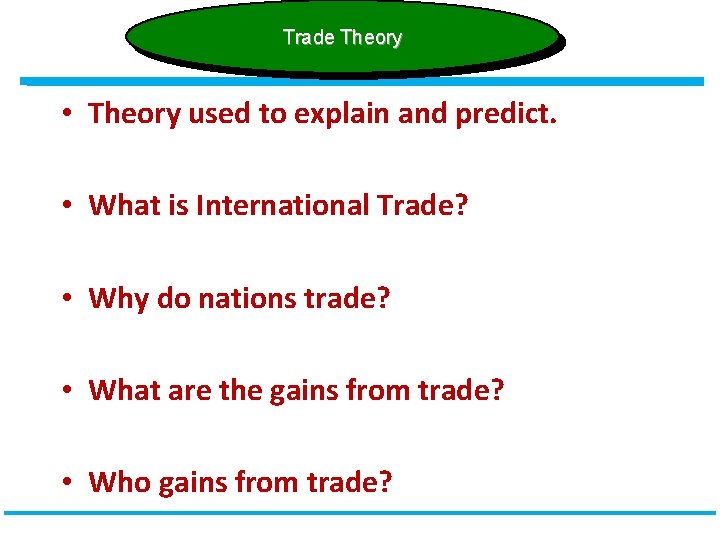 Trade Theory • Theory used to explain and predict. • What is International Trade?