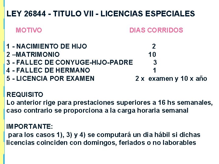 LEY 26844 - TITULO VII - LICENCIAS ESPECIALES MOTIVO DIAS CORRIDOS 1 - NACIMIENTO
