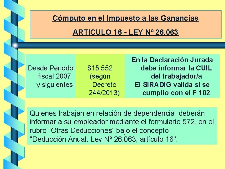 Cómputo en el Impuesto a las Ganancias ARTICULO 16 - LEY Nº 26. 063
