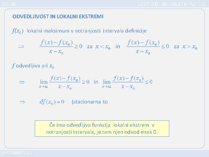 ODVOD LASTNOSTI ODVEDLJIVIH FUNKCIJ ODVEDLJIVOST IN LOKALNI EKSTREMI f(x 0) lokalni maksimum v notranjosti