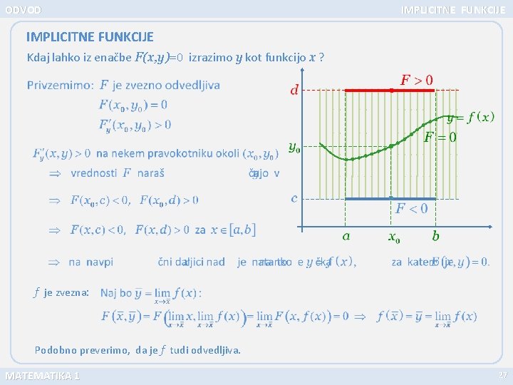 ODVOD IMPLICITNE FUNKCIJE Kdaj lahko iz enačbe F(x, y)=0 izrazimo y kot funkcijo x