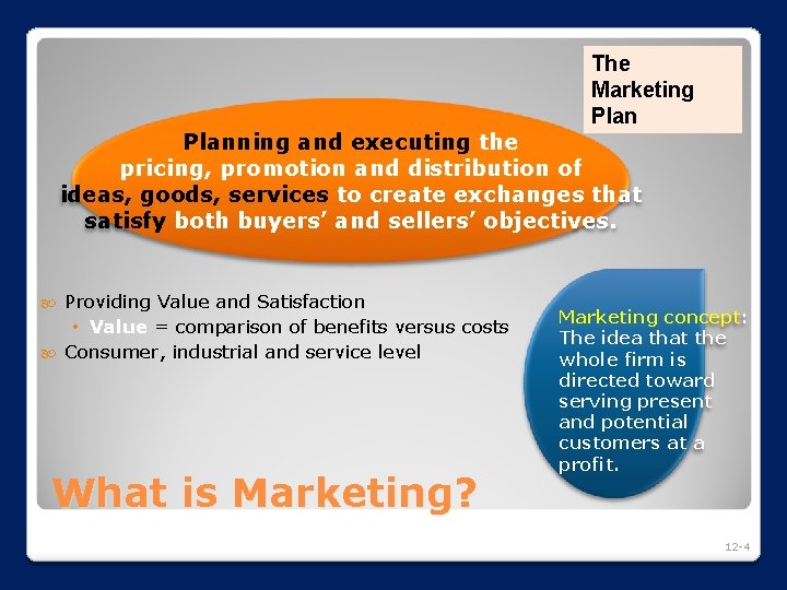 The Marketing Planning and executing the pricing, promotion and distribution of ideas, goods, services