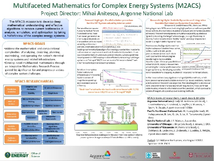 Multifaceted Mathematics for Complex Energy Systems (M 2 ACS) Project Director: Mihai Anitescu, Argonne