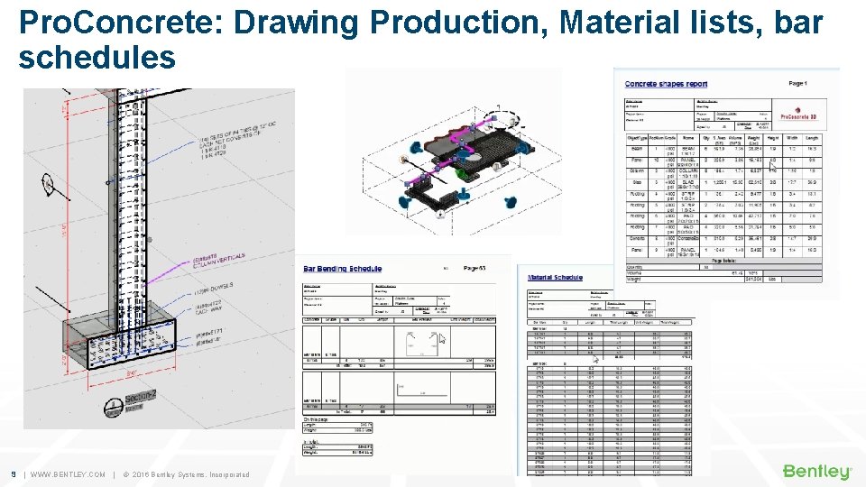 Pro. Concrete: Drawing Production, Material lists, bar schedules 9 | WWW. BENTLEY. COM |