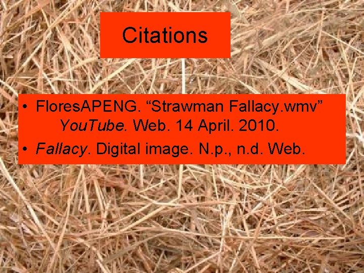 Citations • Flores. APENG. “Strawman Fallacy. wmv” You. Tube. Web. 14 April. 2010. •