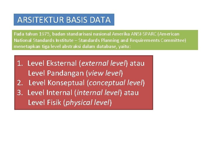 ARSITEKTUR BASIS DATA Pada tahun 1975, badan standarisasi nasional Amerika ANSI-SPARC (American National Standards