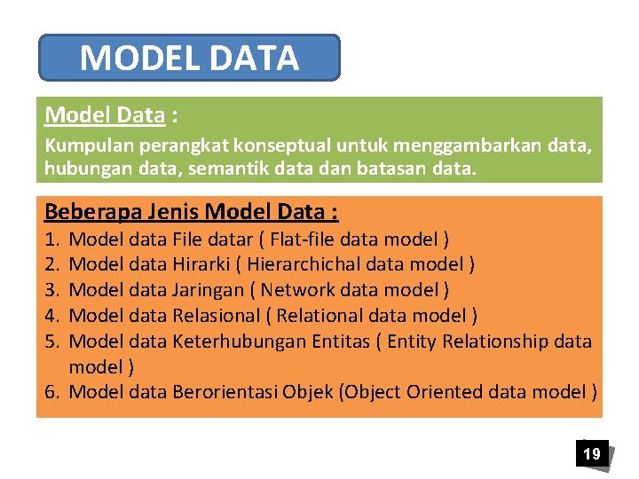 MODEL DATA Model Data : Kumpulan perangkat konseptual untuk menggambarkan data, hubungan data, semantik