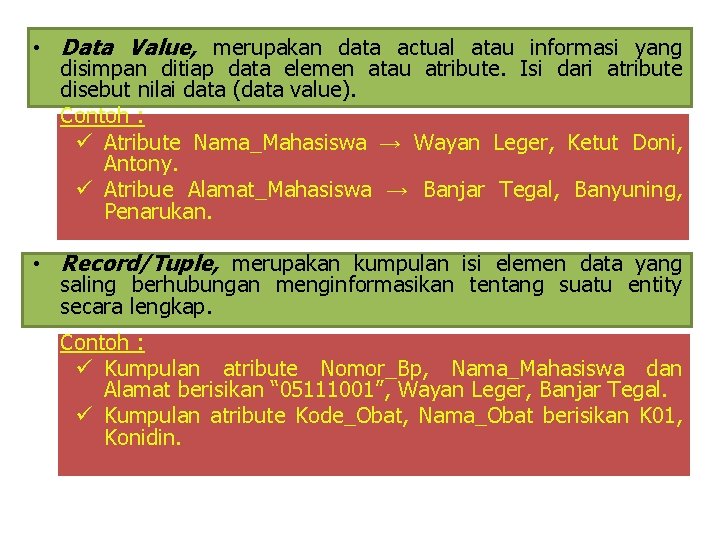  • Data Value, merupakan data actual atau informasi yang disimpan ditiap data elemen