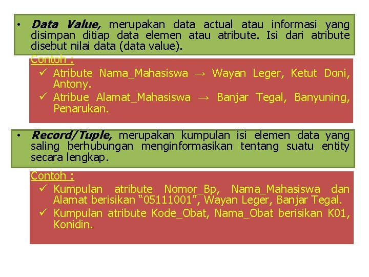  • Data Value, merupakan data actual atau informasi yang disimpan ditiap data elemen