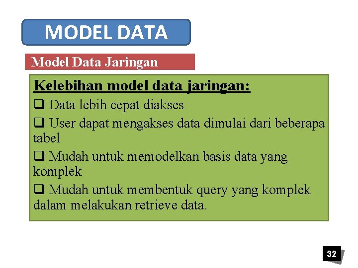 MODEL DATA Model Data Jaringan Kelebihan model data jaringan: q Data lebih cepat diakses