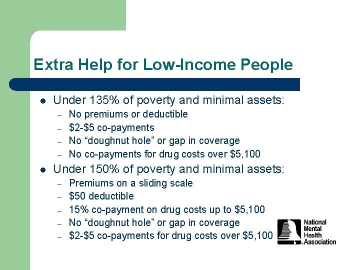 Extra Help for Low-Income People l Under 135% of poverty and minimal assets: –