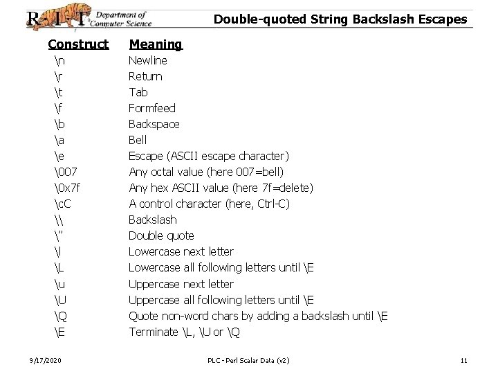 Double-quoted String Backslash Escapes Construct n r t f b a e �07 �