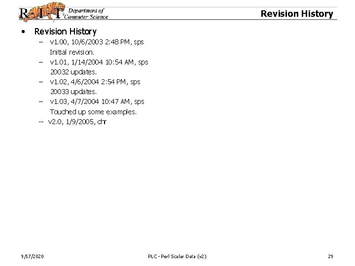 Revision History • Revision History – – -- 9/17/2020 v 1. 00, 10/6/2003 2: