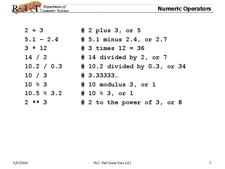 Numeric Operators 2 + 3 5. 1 – 2. 4 3 * 12 14
