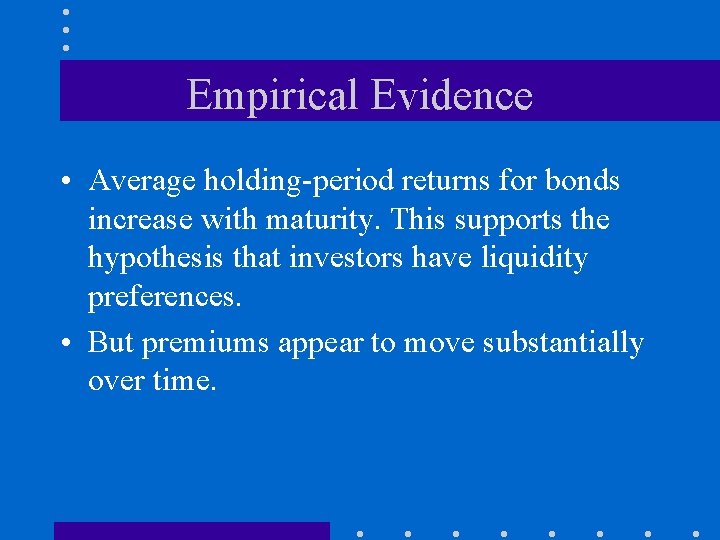 Empirical Evidence • Average holding-period returns for bonds increase with maturity. This supports the