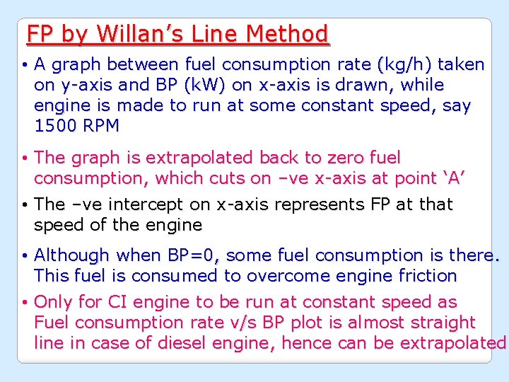 FP by Willan’s Line Method • A graph between fuel consumption rate (kg/h) taken